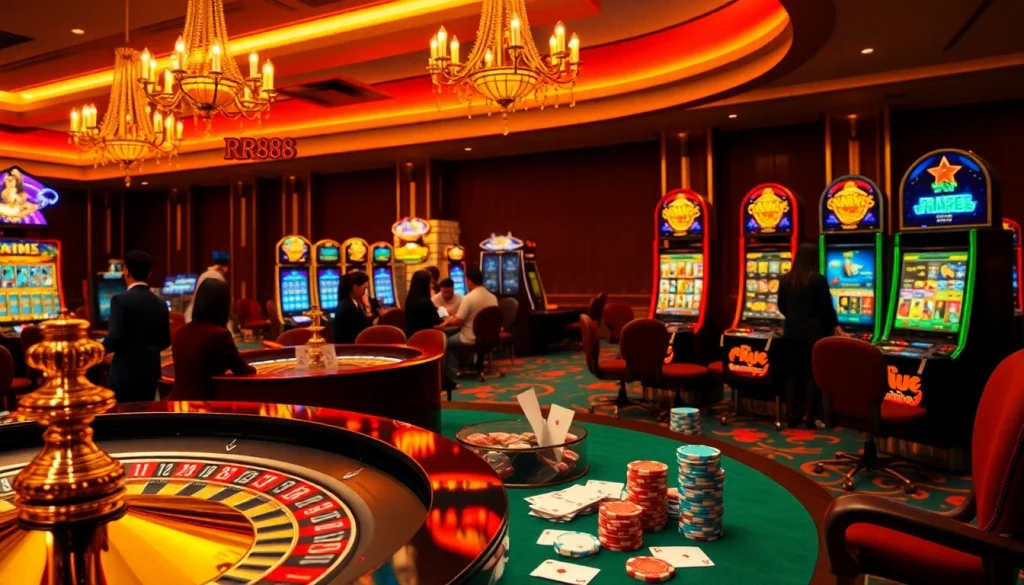 Players enjoying thrilling games at RR88 online casino with vibrant slot machines and poker cards.