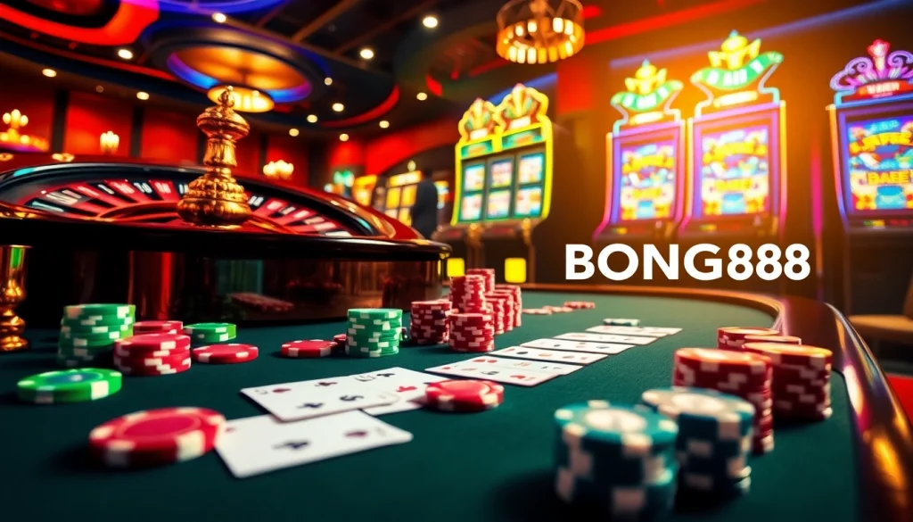 Bong88 casino table showcasing vibrant poker chips and a roulette wheel in a luxurious setting.