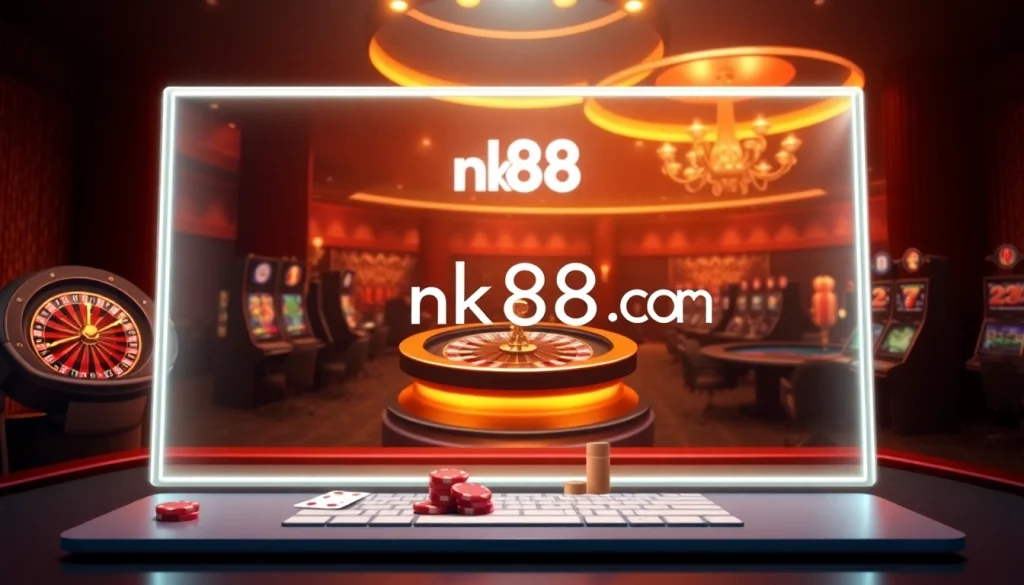 Experience the excitement of nk88 com with a luxurious casino atmosphere featuring roulette and slot machines.