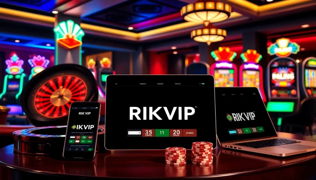 Experience the thrill of gambling with Rikvip, featuring vibrant slot machines and poker chips.