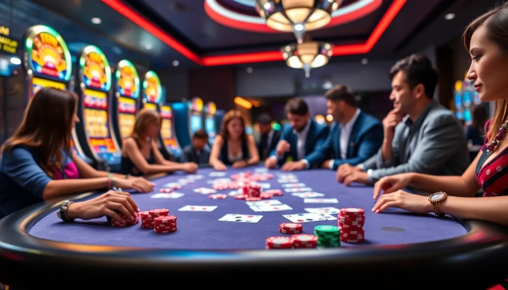 Exciting gaming experience at Rikvip with players engaged in casino table games and vibrant slot machines.