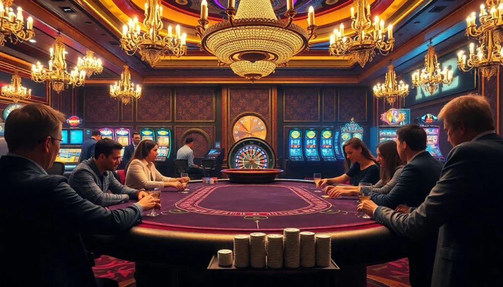 Excited players engaging in thrilling XX 88 casino games at a luxurious poker table.
