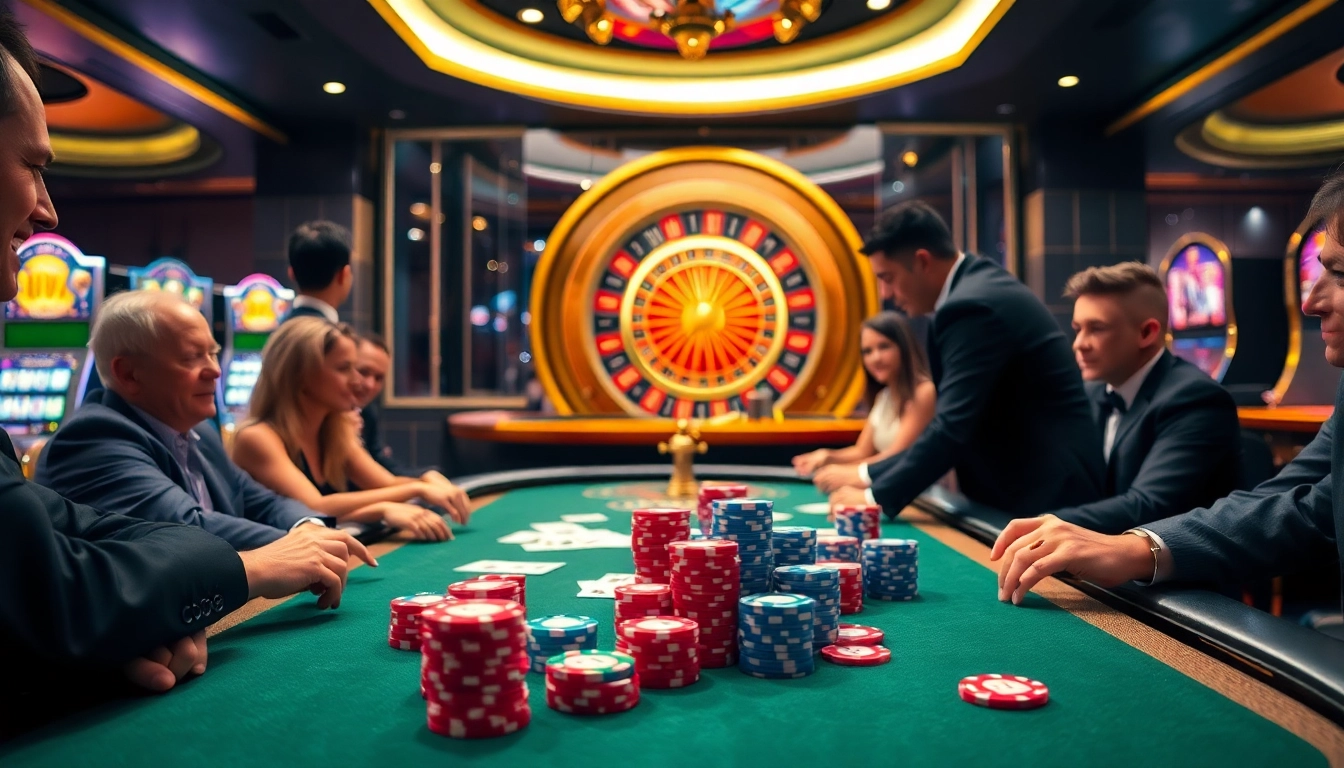 Excited players engaged at a poker table in a luxurious casino, showcasing their luck8 experience.