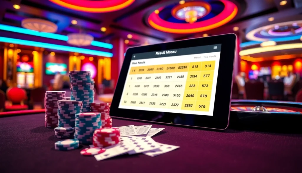 Result Macau live lottery draw with a vibrant casino setting showcasing poker chips and betting slips.