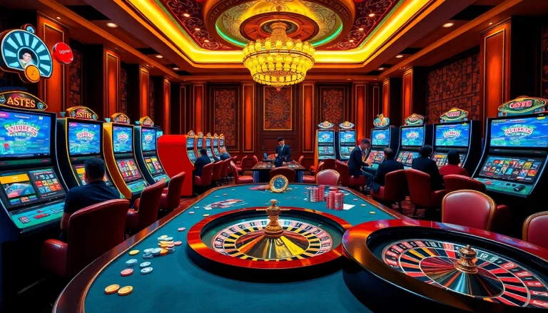 Exciting players engaging with slot888 on vibrant casino tables adorned with colorful chips and high-tech machines.