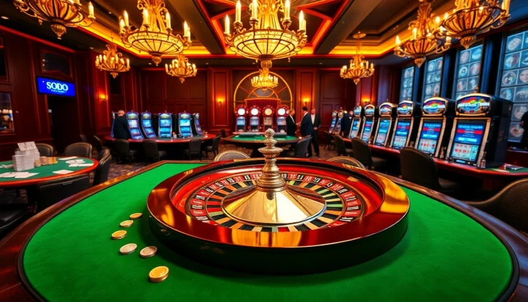 Engaging scene of SODO Casino with roulette, poker cards, and vibrant atmosphere.