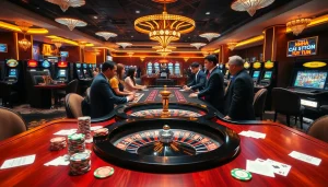 Players confidently betting at a luxurious live casino table highlighting Nhà cái uy tín with vibrant poker chips and roulette wheel
