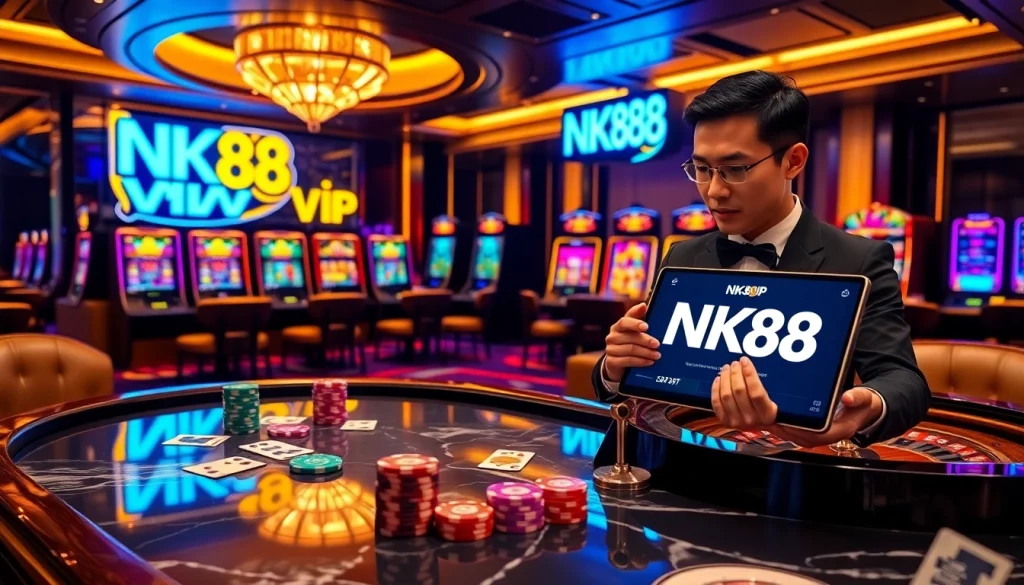 Confident gambler engaging in NK88 vip high-stakes poker with vibrant chips and digital betting interface
