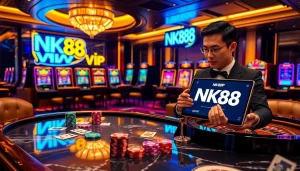 Confident gambler engaging in NK88 vip high-stakes poker with vibrant chips and digital betting interface