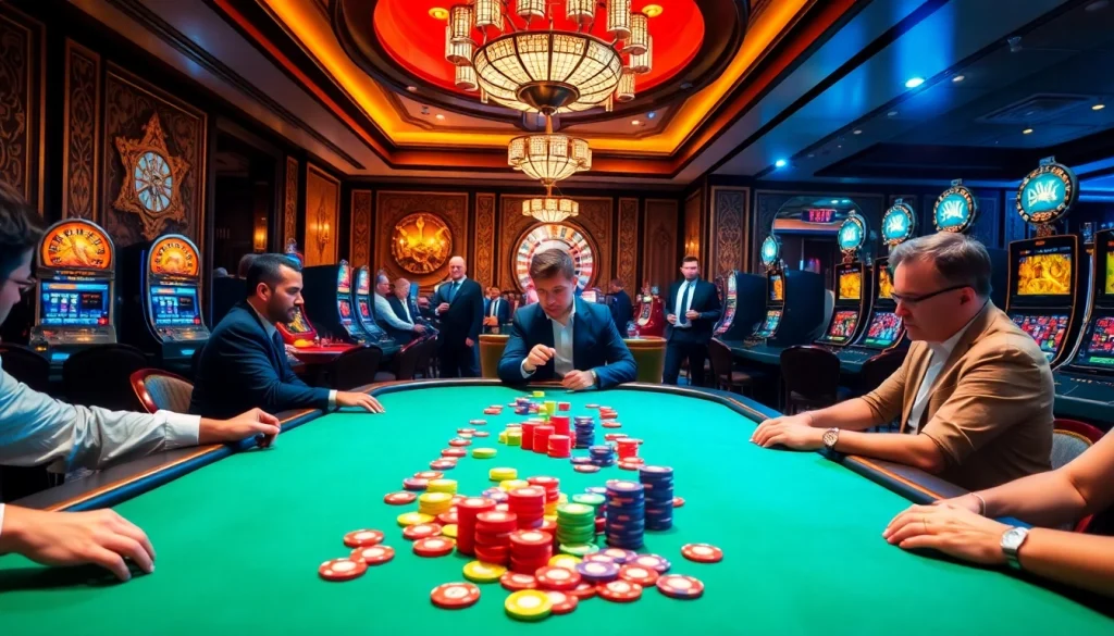 Pemain menikmati poker dan roulette di sebuah kasino yang hidup, menyoroti suasana mendebarkan 33win68.