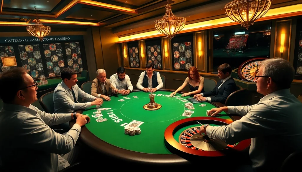 Intense poker game at BDTK66 casino with players surrounded by vibrant chips and cards.