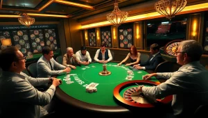 Intense poker game at BDTK66 casino with players surrounded by vibrant chips and cards.