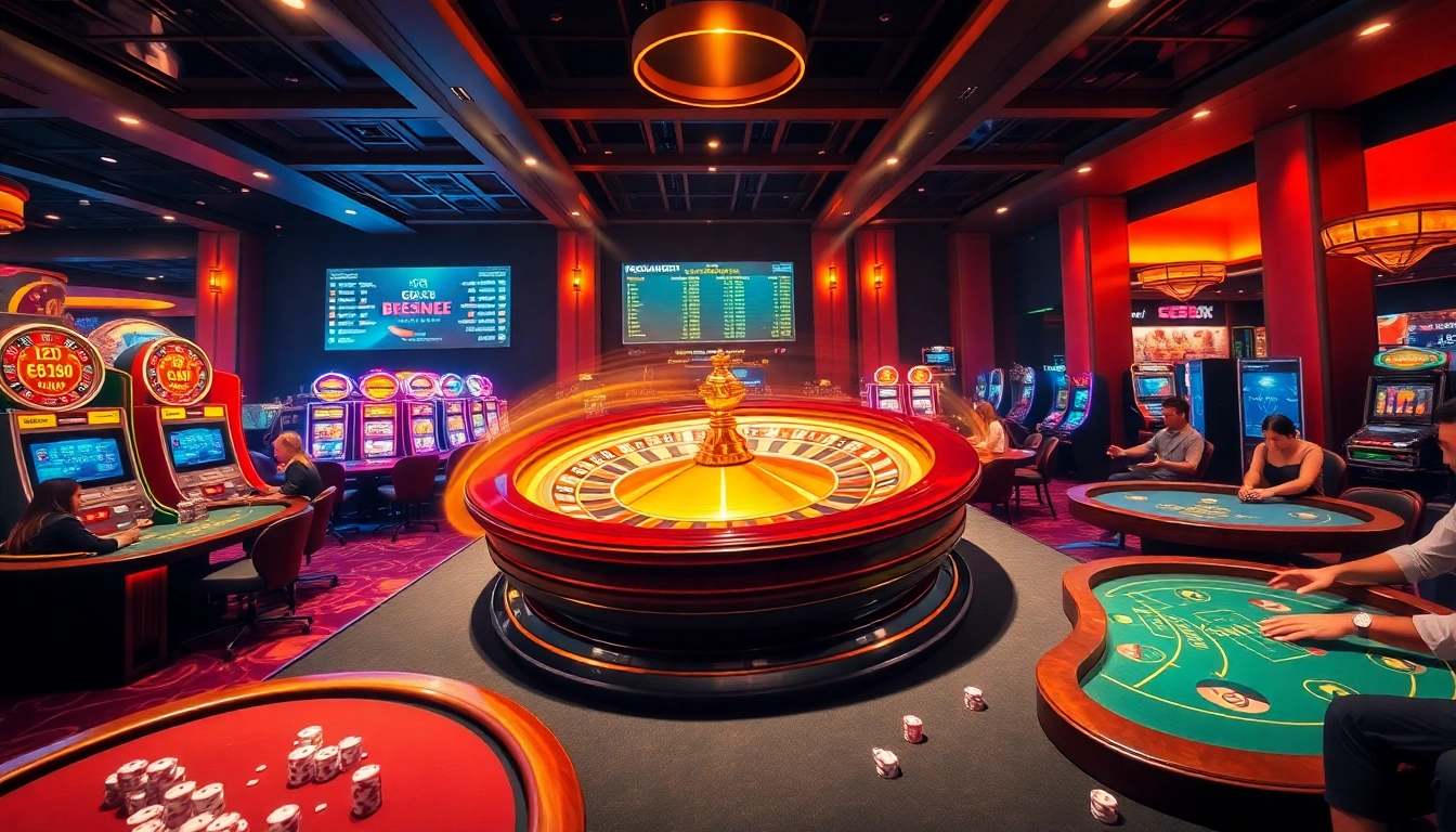 Experience the thrilling action at ee88 nhà cái as players engage in poker and roulette, highlighting the vibrant casino atmosphere.