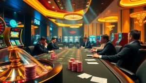 The thrilling environment at 88clb.com features vibrant casino tables with players engaged in high-stakes games.