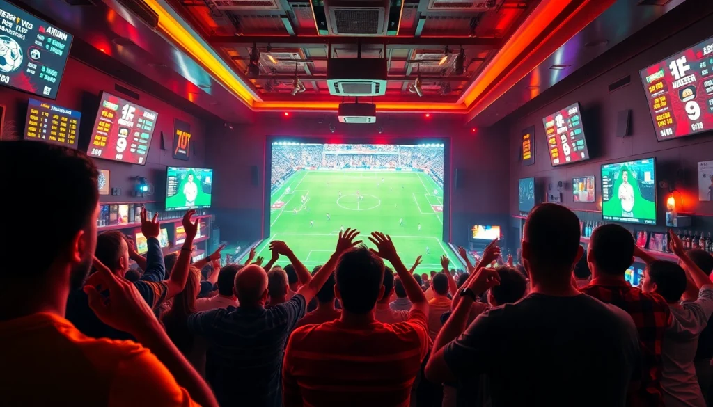Exciting betting scene with fans engaging at a sports bar showcasing keonhacai odds.