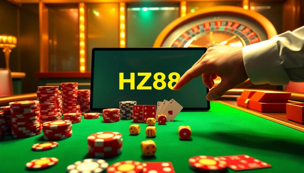 Strategic gambler placing bets at a luxurious HZ88 online casino table with vibrant poker chips and spinning roulette wheel