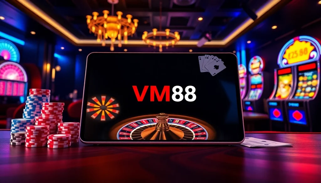 Interactive VM88 online casino platform displaying dynamic roulette wheel and poker chips in action