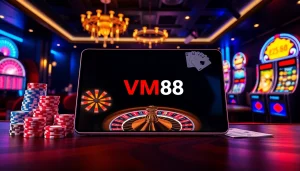 Interactive VM88 online casino platform displaying dynamic roulette wheel and poker chips in action