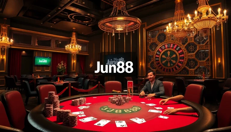 Experience the thrill of gaming at Jun88 casino, showcasing exciting poker action with dazzling decor.