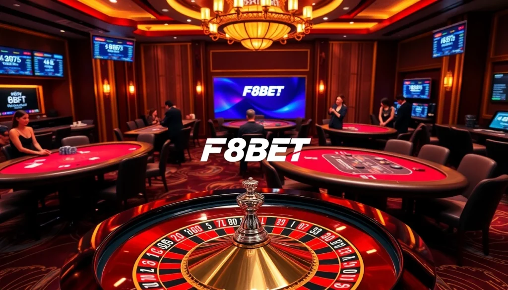 F8BET players engaging at a luxurious casino with poker tables and roulette wheels.