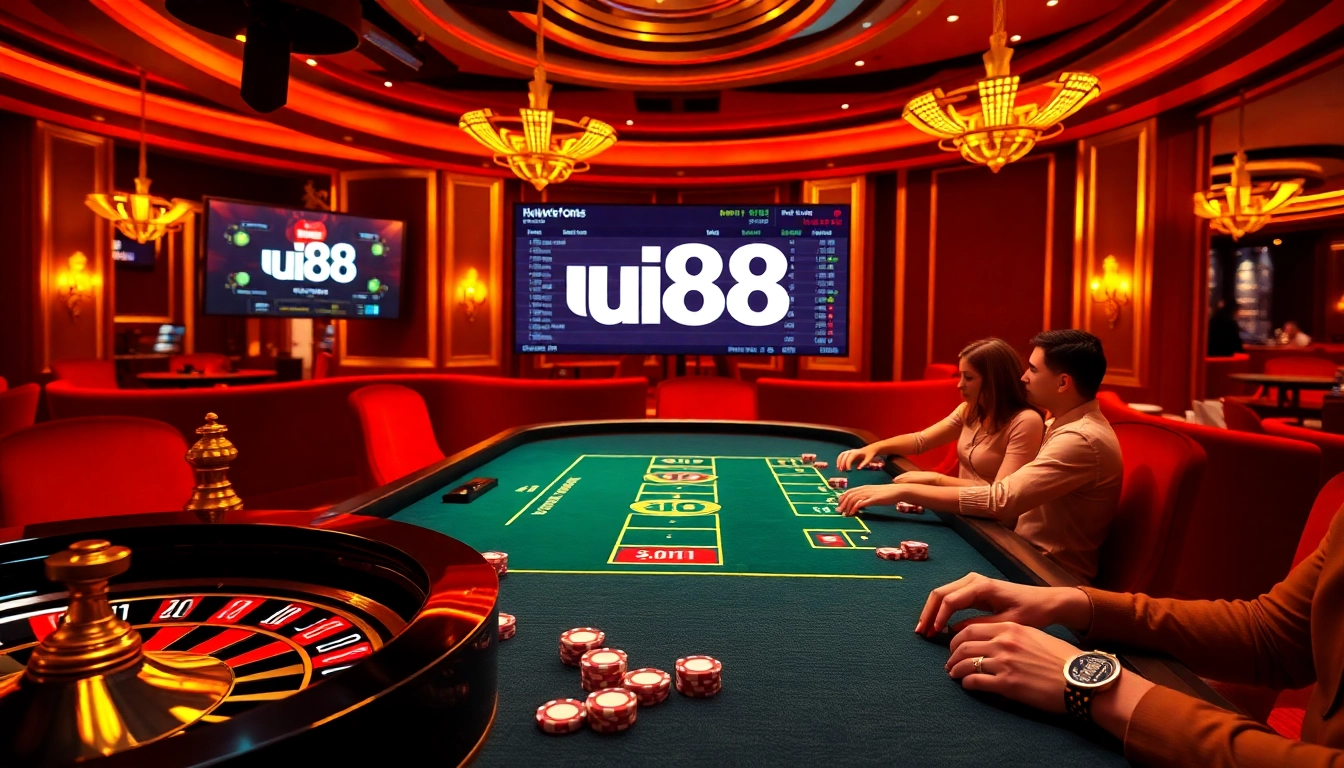 Engaging players in professional gambling at uu88 casino featuring poker chips and roulette.
