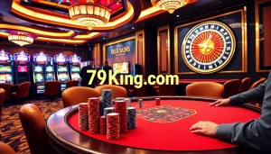 Engaging players at a poker table in an exciting casino scene highlighting 79king com.