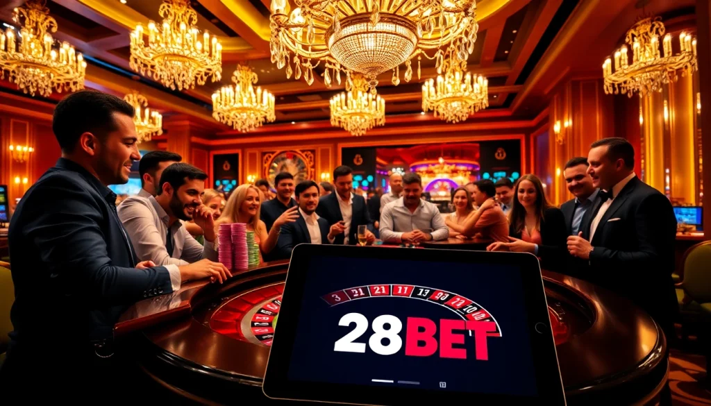 Players engaging with a roulette table at a luxurious casino, highlighting 28BET for a thrilling experience.
