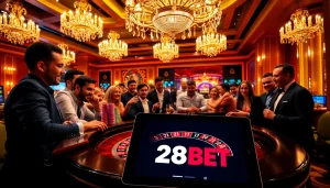 Players engaging with a roulette table at a luxurious casino, highlighting 28BET for a thrilling experience.