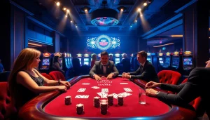 SODO Casino scene with vibrant gaming tables, poker chips, and excited gamblers.