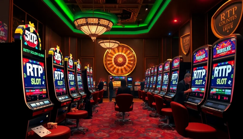 Players enjoying RTP Slot Live action at a vibrant casino, surrounded by chips and cards.