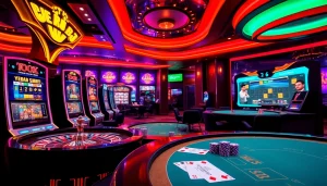Experience the excitement of nhà cái sky88 with vibrant online gaming visuals featuring poker tables and slot machines.