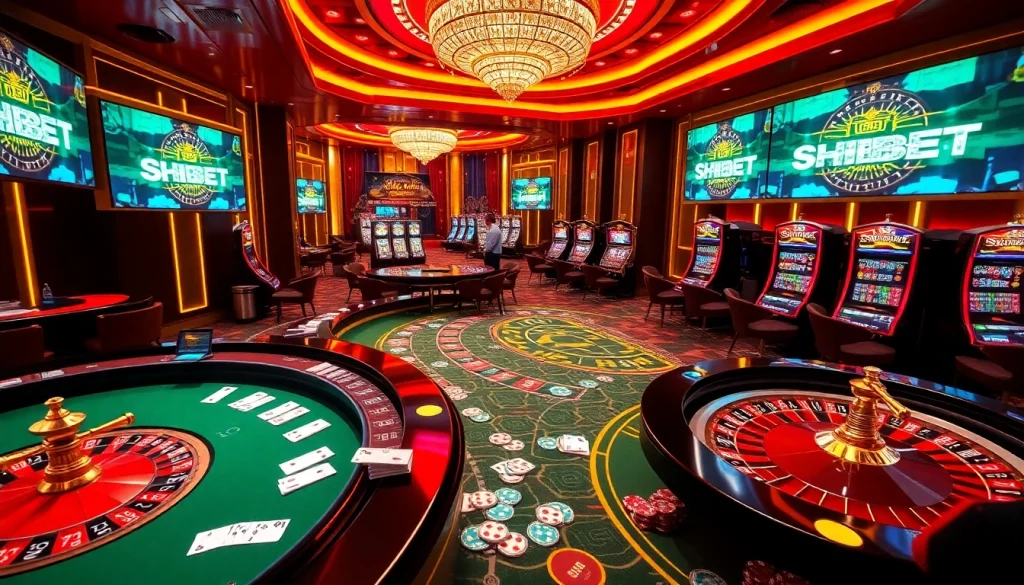 SHBET online casino scene with players placing bets on vibrant tables and colorful slot machines.