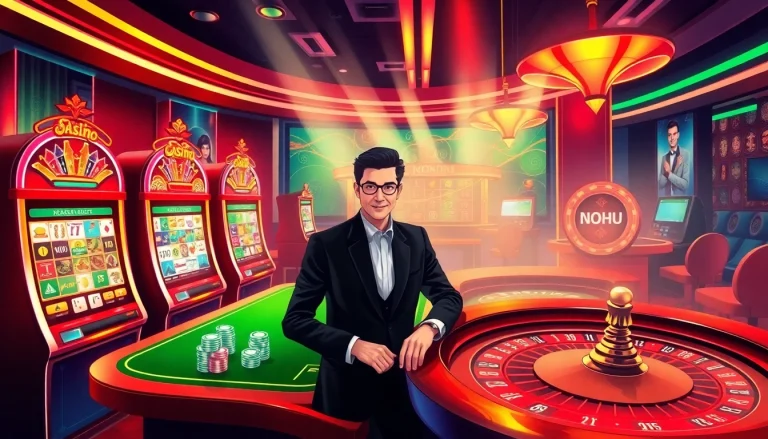 Players enjoying various games at NOHU's online platform, with vibrant slot machines and interactive tables.