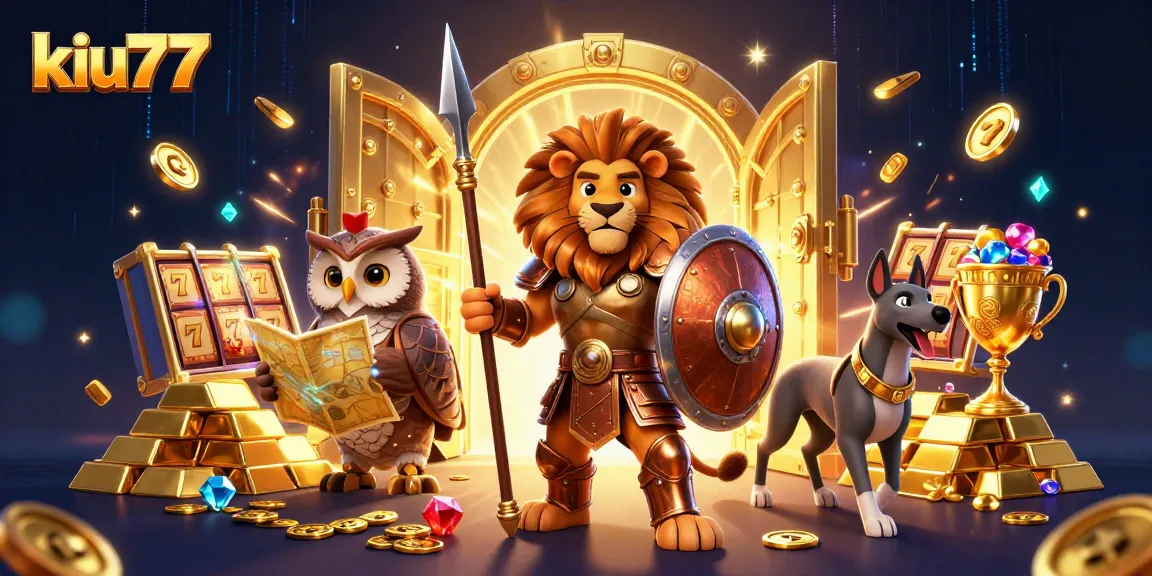 Spin the reels for riches at kiu77 with epic heroes and treasures in an engaging casino scene.