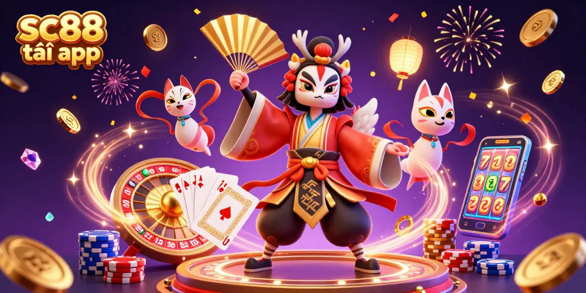 Experience the thrill of sc88 tải app with a kabuki warrior and kitsune mask surrounded by casino elements.