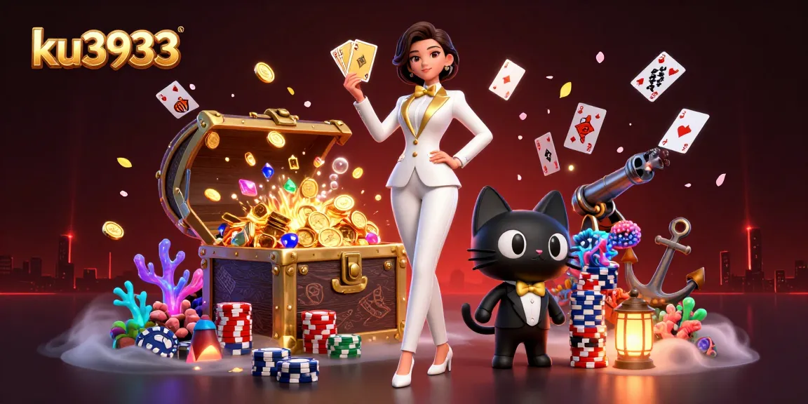 Engage with ku3933 through a vibrant illustration of gambling action featuring a stylish woman and a playful cat.