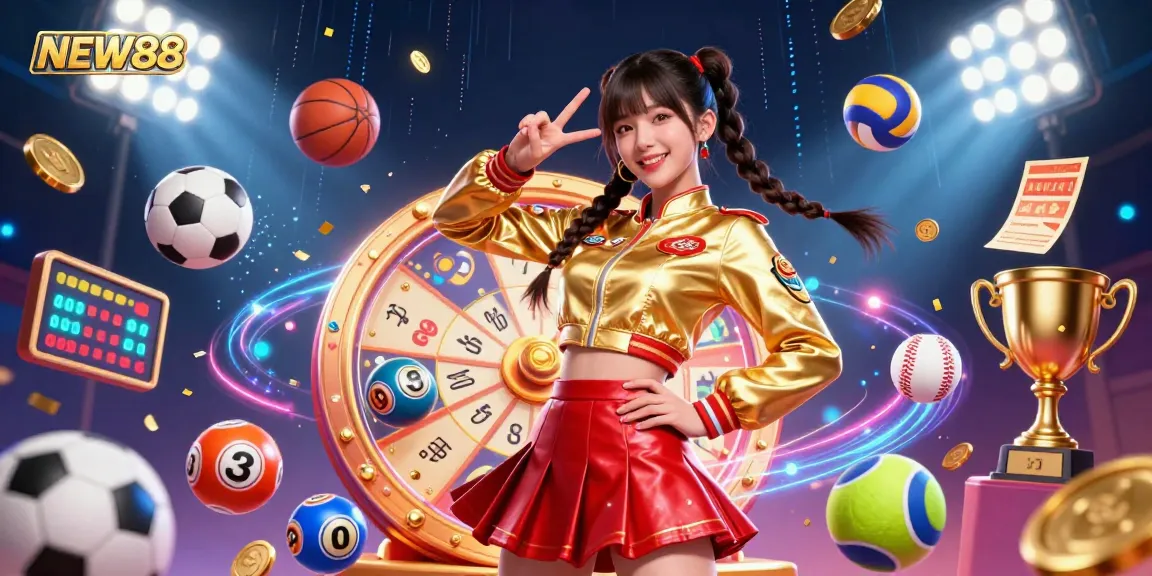 Win big with NEW88 in a vibrant online betting scene, showcasing colorful lottery balls and sports elements.