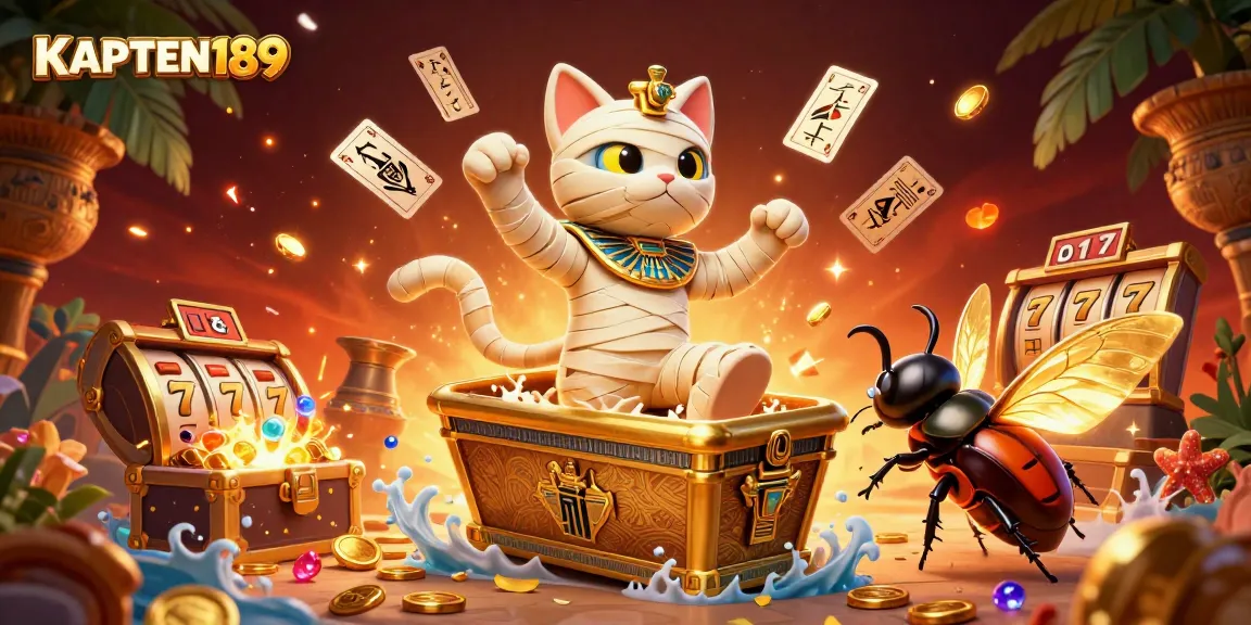KAPTEN189 menghadirkan suasana permainan slot online dengan kucing mummy 3D dan harta karun yang berkilauan dari peti bawah laut.