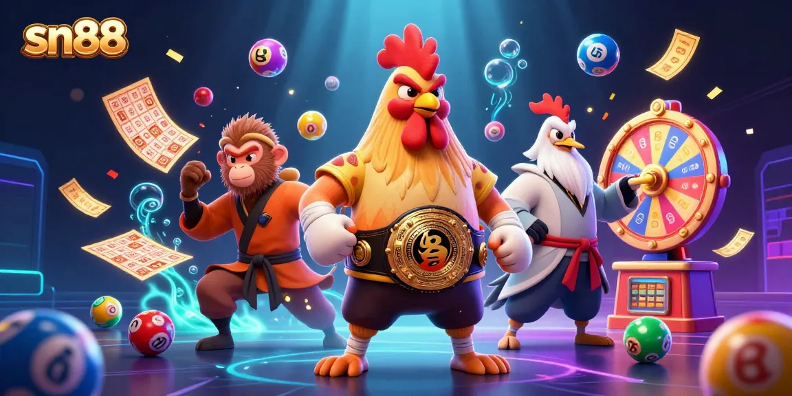 Engage in thrilling lotteries and dynamic games at sn88, featuring vibrant 3D characters and colorful elements.