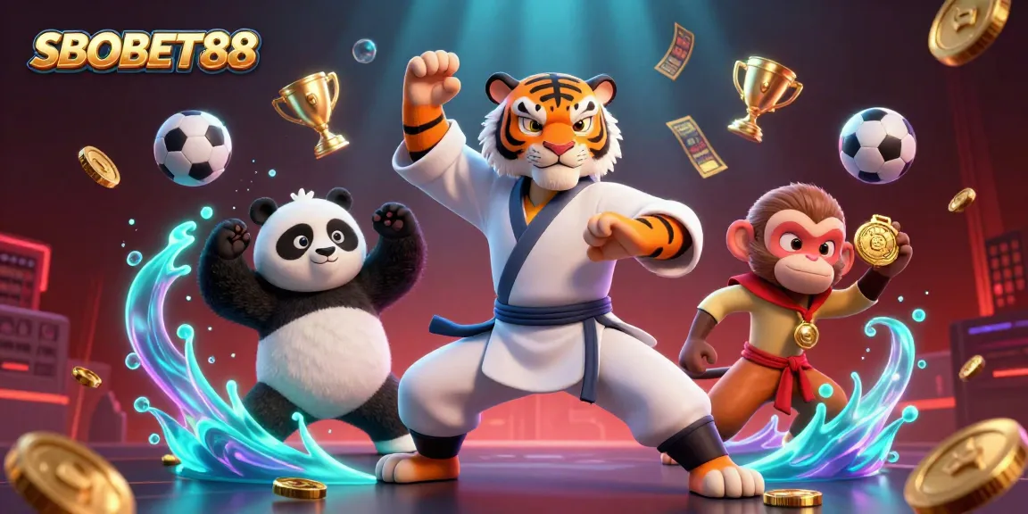 SBOBET88 showcases thrilling sports betting action with a fun and vibrant cartoon scene.