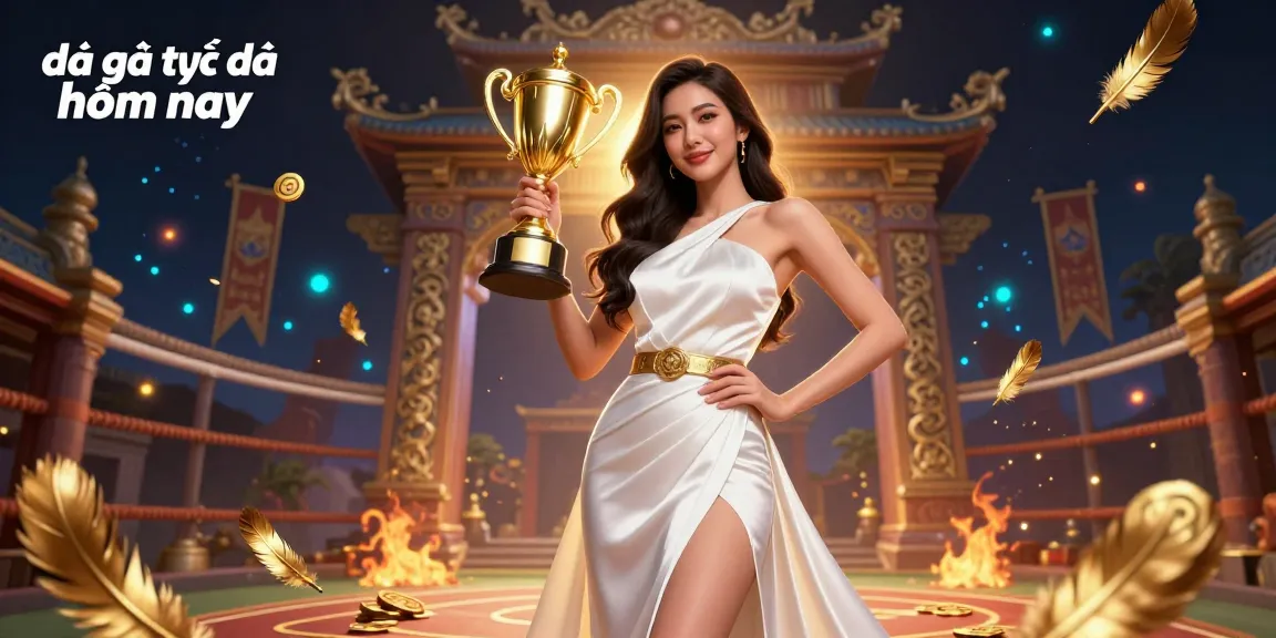 Experience the excitement of đá gà trực tiếp hôm nay with a stunning trophy cup and dynamic betting elements in this vibrant illustration.