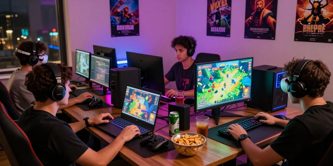 Players immersed in cika4d rtp online gaming, showcasing exciting gameplay in a lively night setting, vibrant visuals and snacks.
